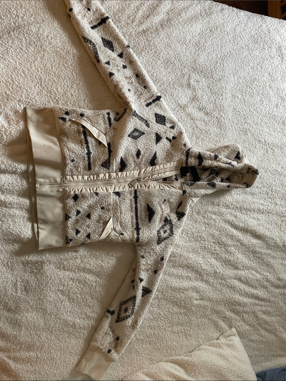 Ivory Sherpa Zip Hoodie with Black Aztec Pattern North Face